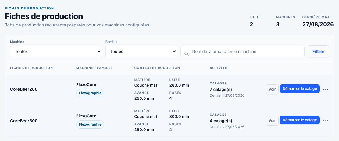 Liste des fiches CoreBeer280 et CoreBeer300 dans Calibra-Core, avec machine, matière, dimensions et activité des calages précédents