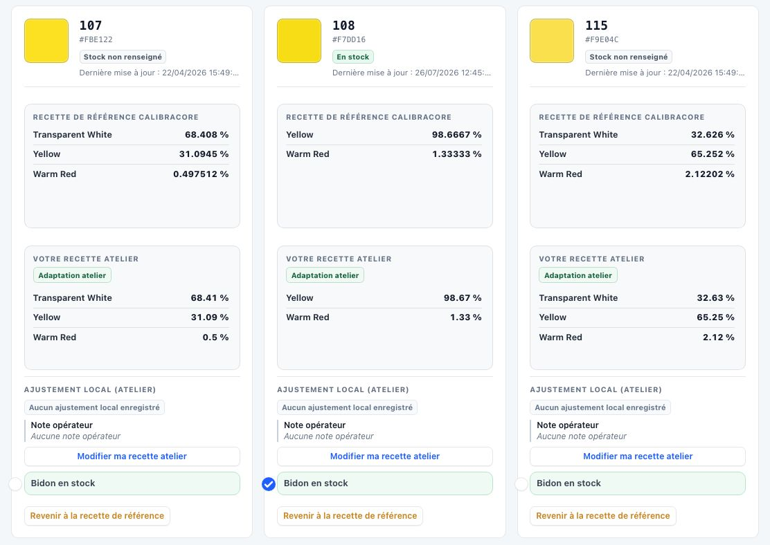 Références Pantone 107, 108 et 115 dans Calibra-Core avec formules en pourcentages et recettes atelier présentées séparément